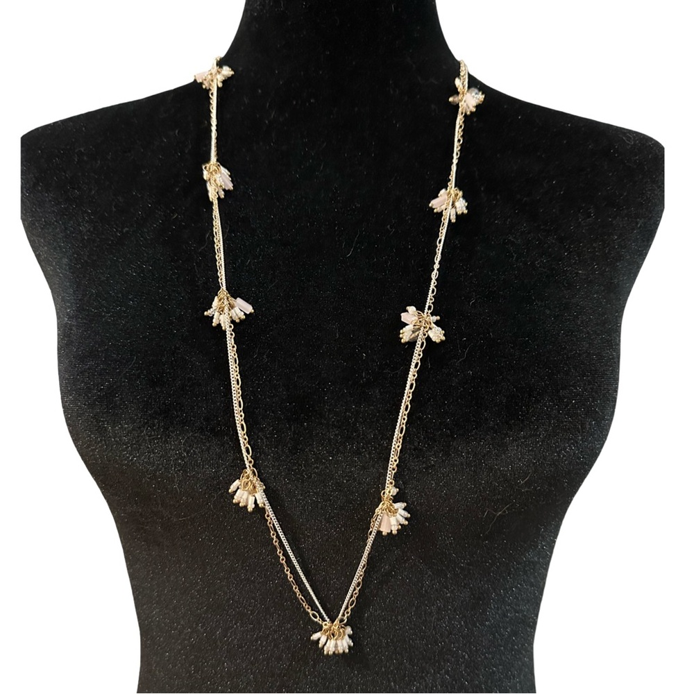 Beaded Crystal Flowers Necklace Multi Strand Long Length Gold Tone White Pink